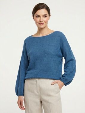United Colors of Benetton Cotton Linen Sweater Boat Neck Boxy Fit Blue Size M